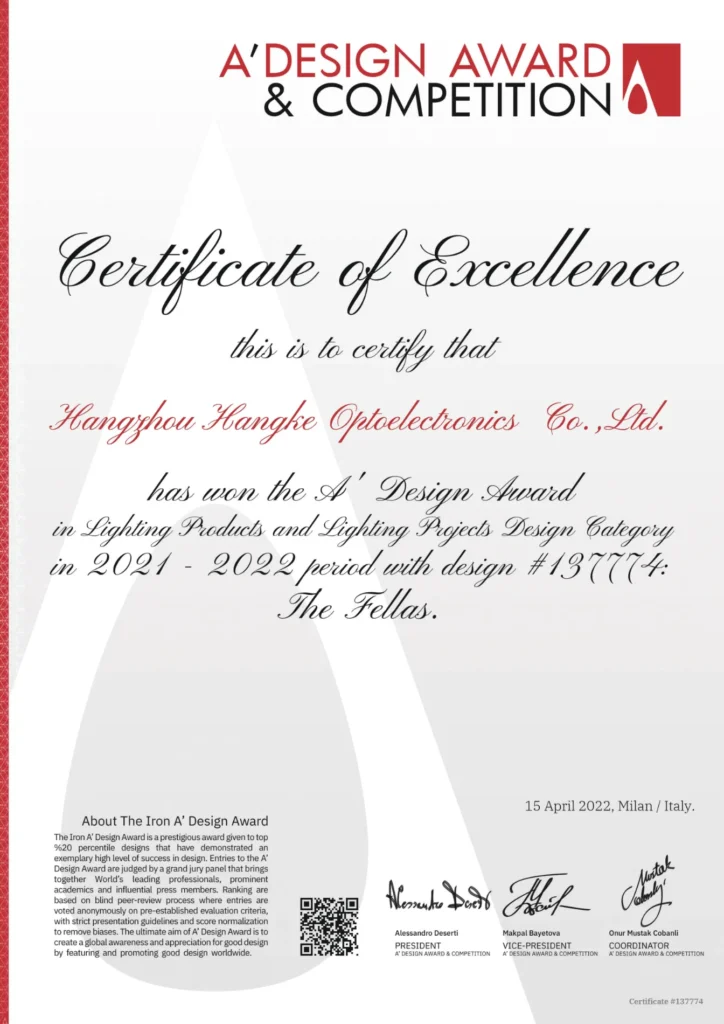 Hangke Lighting Fixtures Won A'Design Award