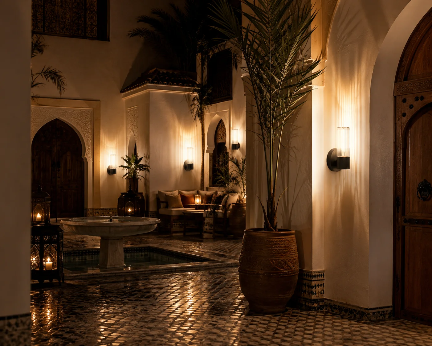 tranquil moroccan courtyard at night with Rain Outdoor Wall Light