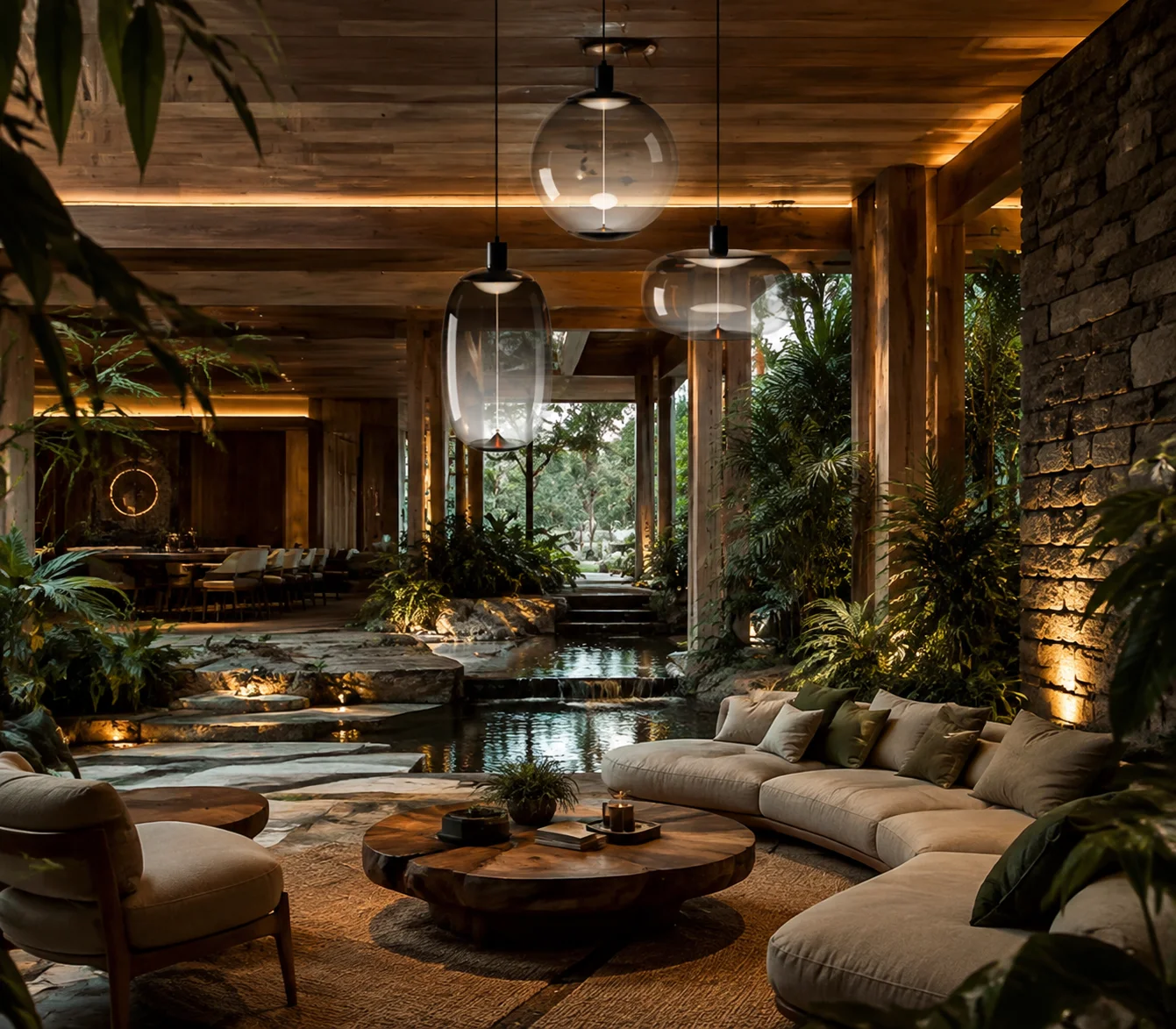 luxury natural hotel with lien pendant lighting