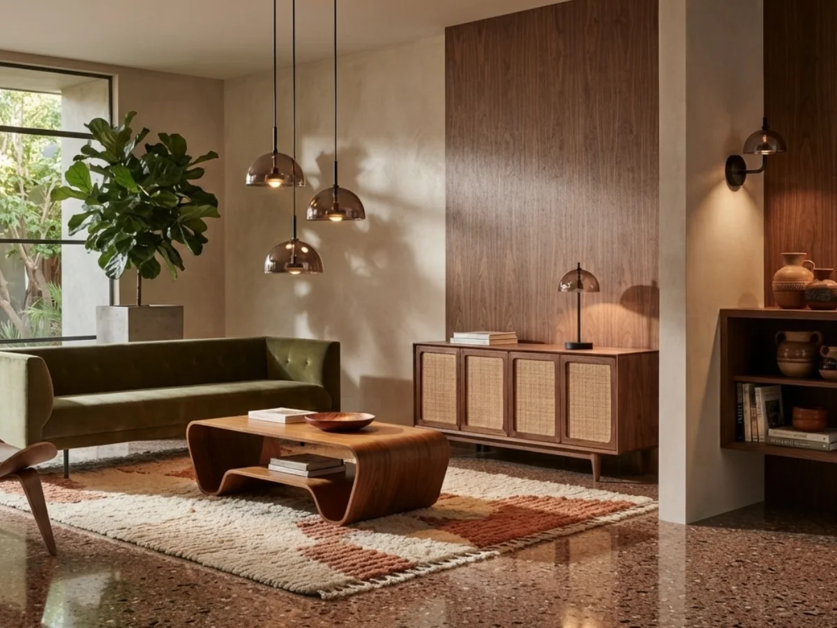 mid century interior home style with hangke lighting fixtures