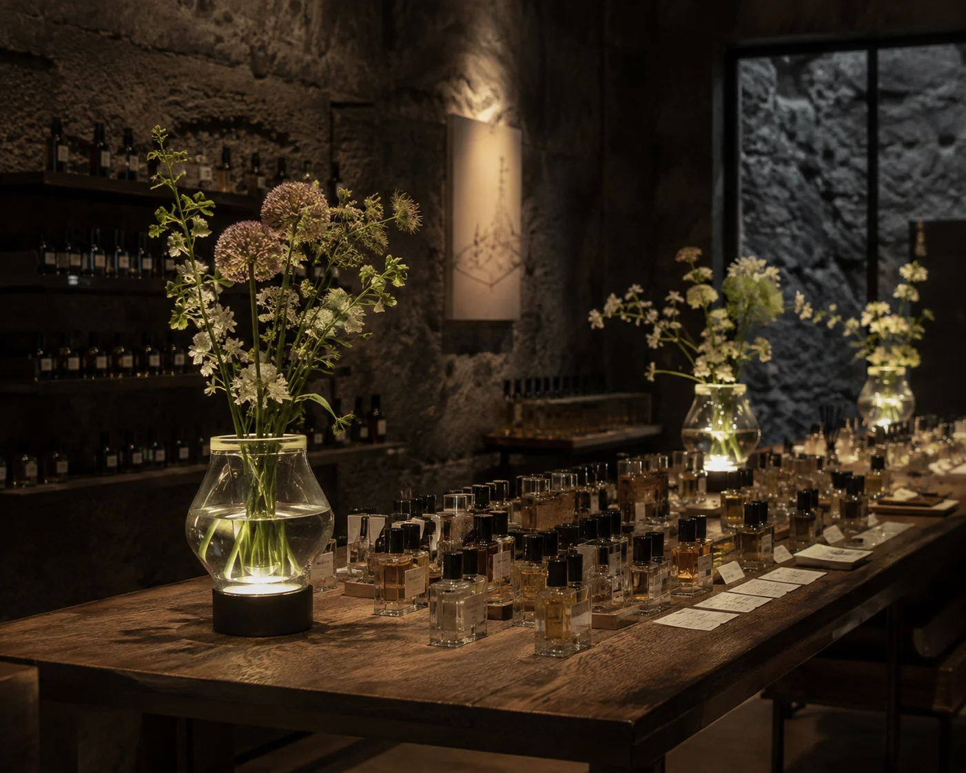 Vase collection on a retail showroom display — decorative lighting for retail and wholesale buyers